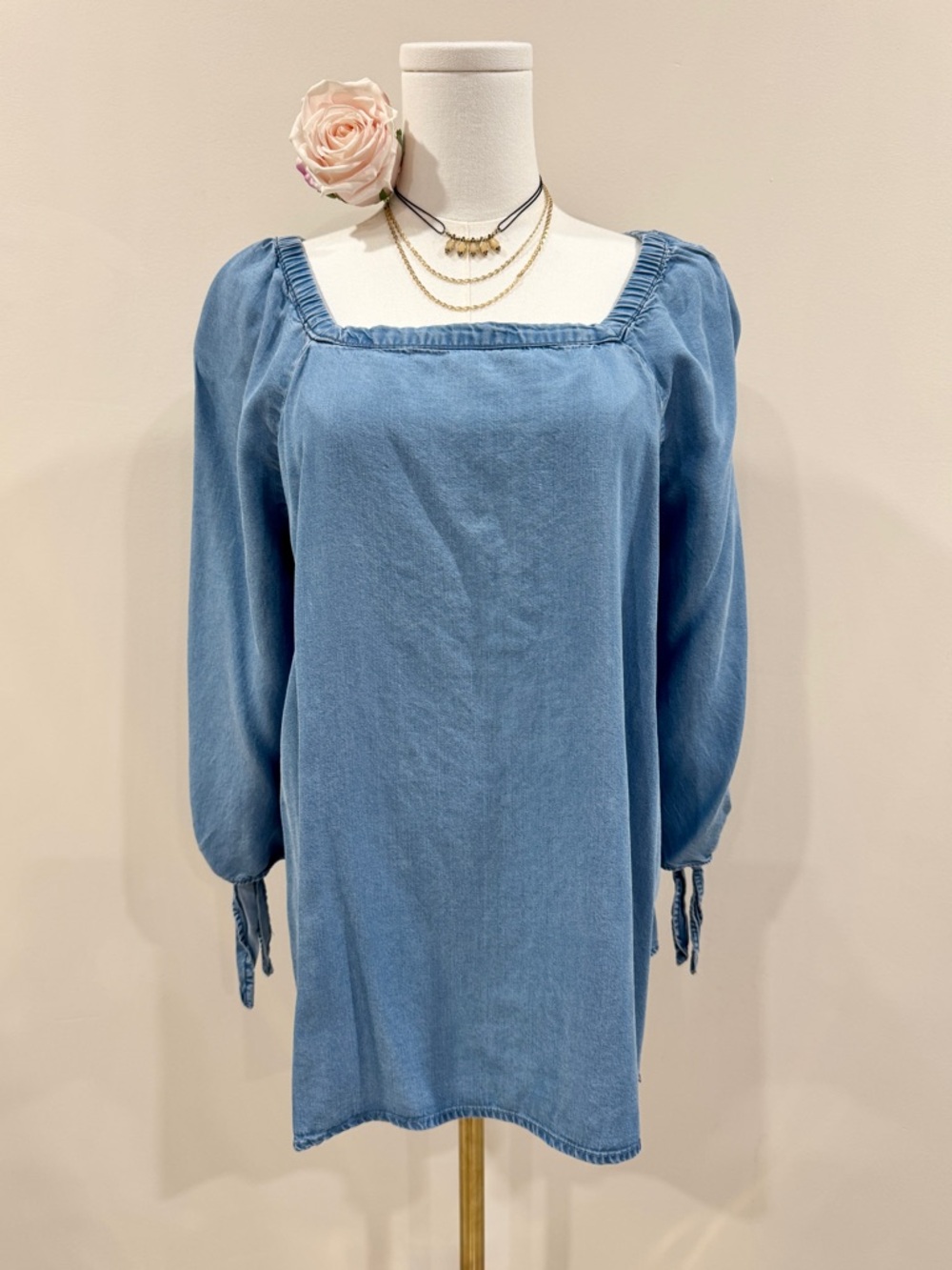 Liz Claiborne Chambray Lyocell Blouse Tie Sleeve Square Neck Boho Cottagecore PS